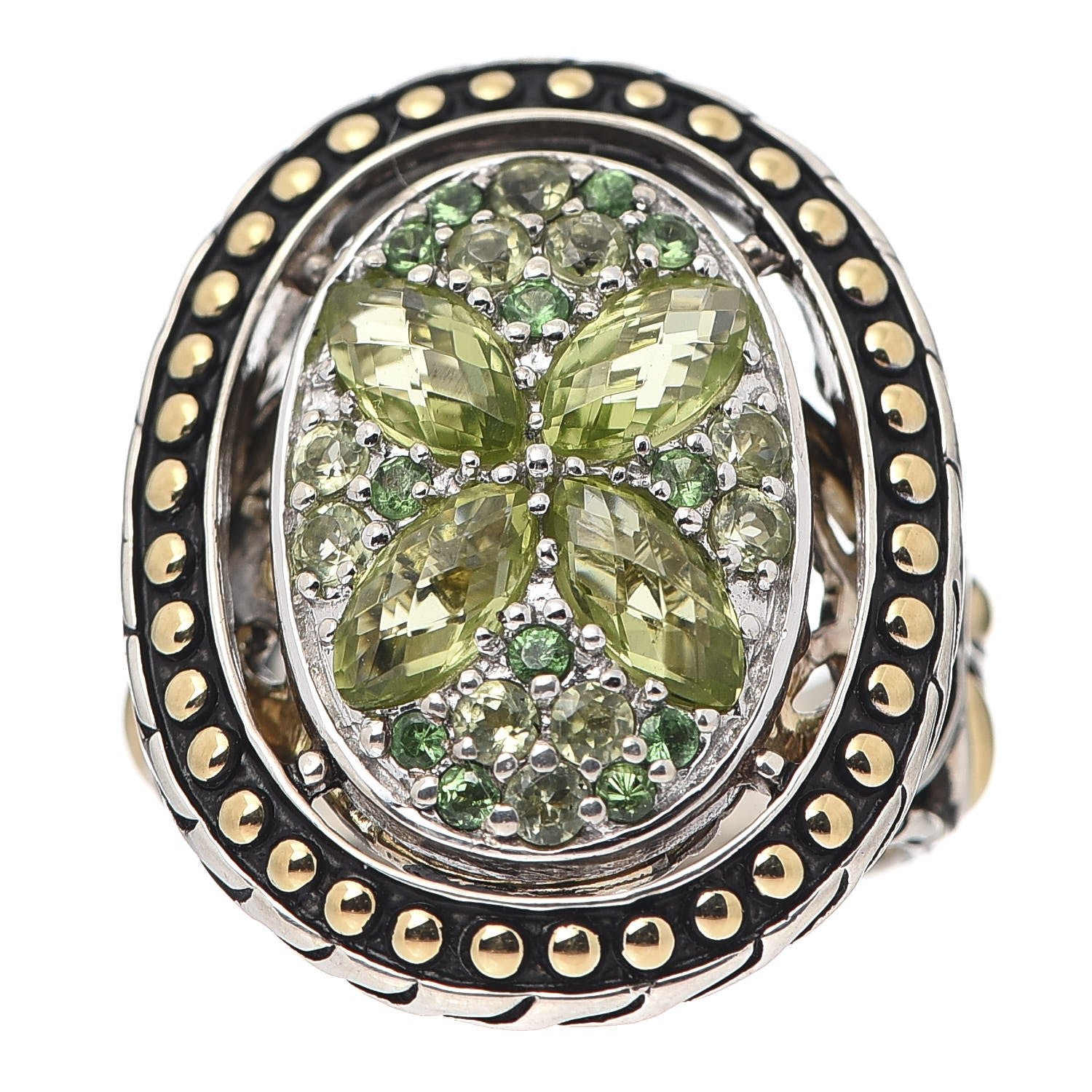 John Hardy Sterling Silver 18K Yellow Gold Peridot Tsavorite Batu Kawung Ring 55 7.25 1 of 7