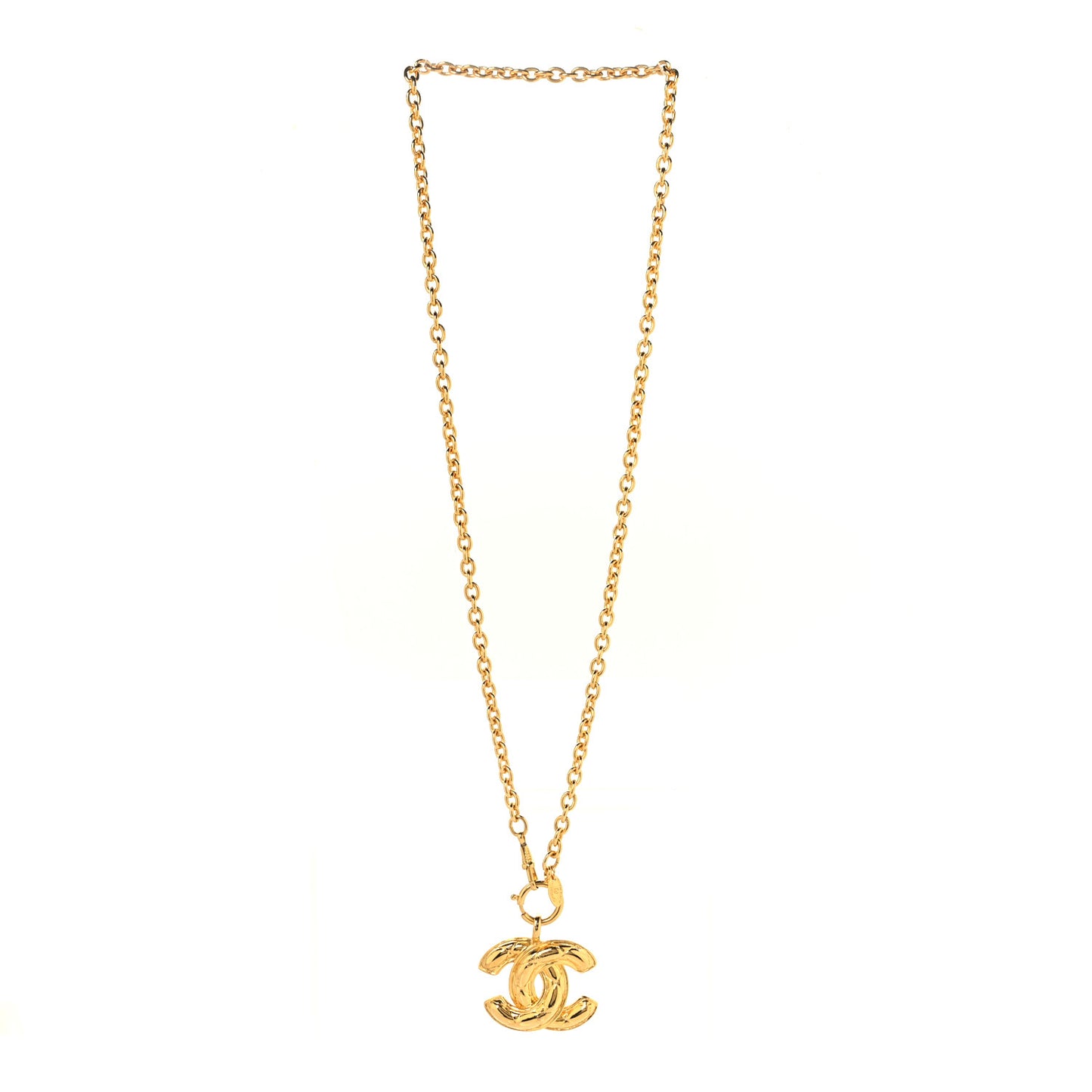 Metal Quilted CC Long Necklace Gold