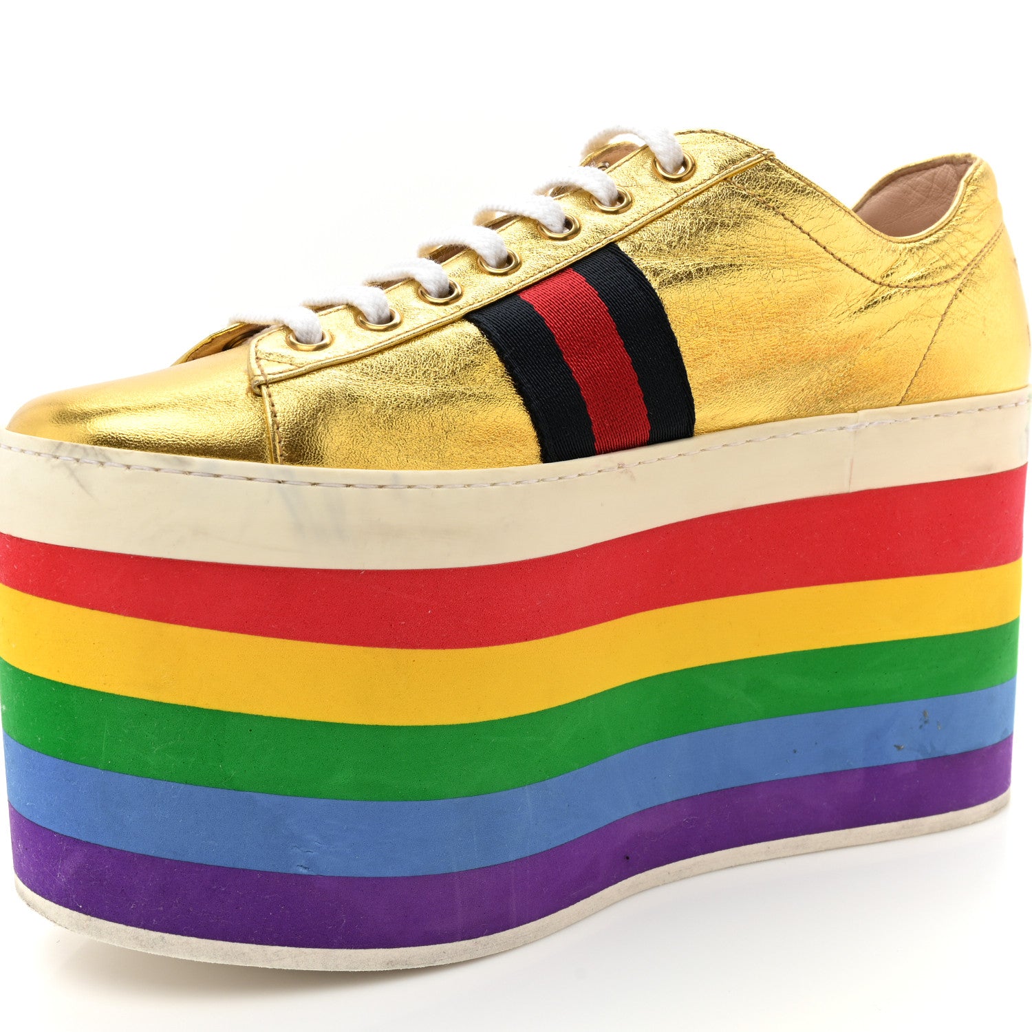 Gucci Metallic Nappa Peggy Platform Sneakers 38.5 Oro Vecchio 12 of 13