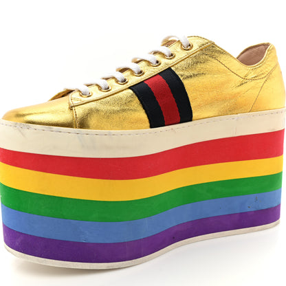 Gucci Metallic Nappa Peggy Platform Sneakers 38.5 Oro Vecchio 12 of 13