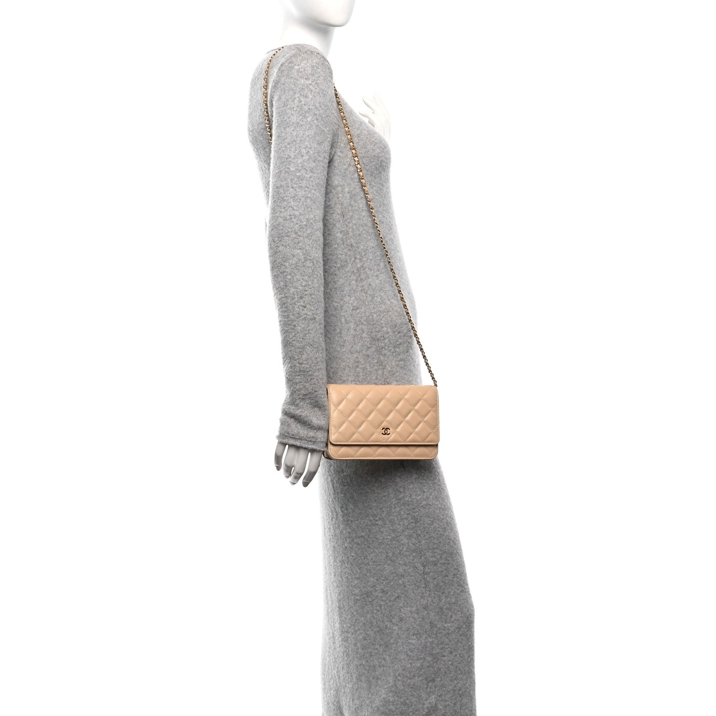 Caviar Quilted Wallet on Chain WOC Beige