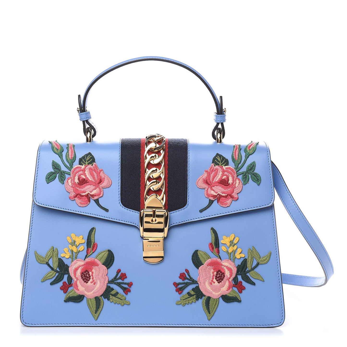 Calfskin Embroidered Medium Sylvie Top Handle Bag Clear Sky Blue