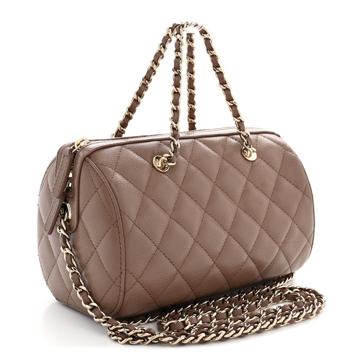 Caviar Quilted Barrel Clutch With Chain Brown