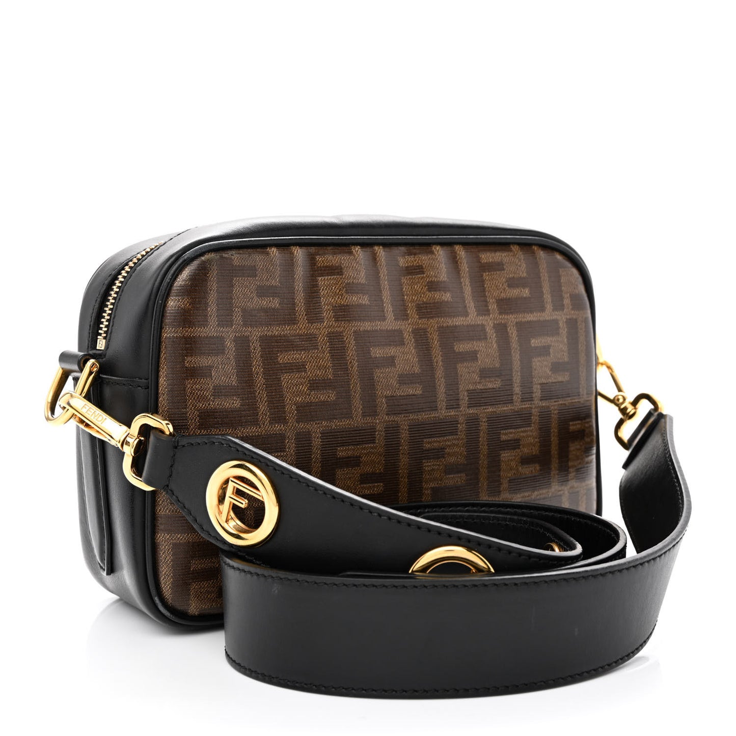 Glazed Fabric Vitello Century F is Fendi FF 1974 Stamp Patch Camera Case Mogano Panna Black