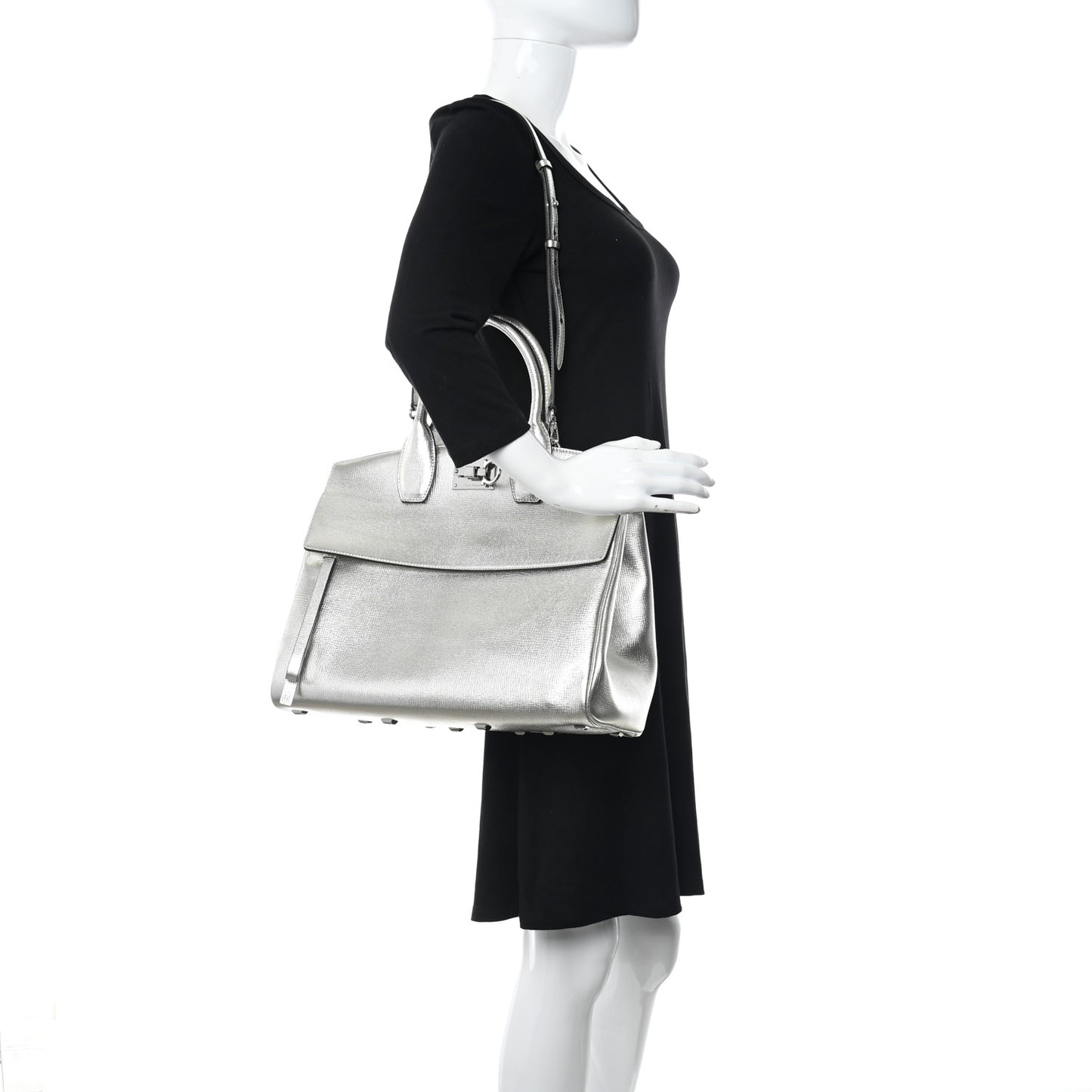Metallic Hammered Calfskin Studio Top Handle Bag Silver