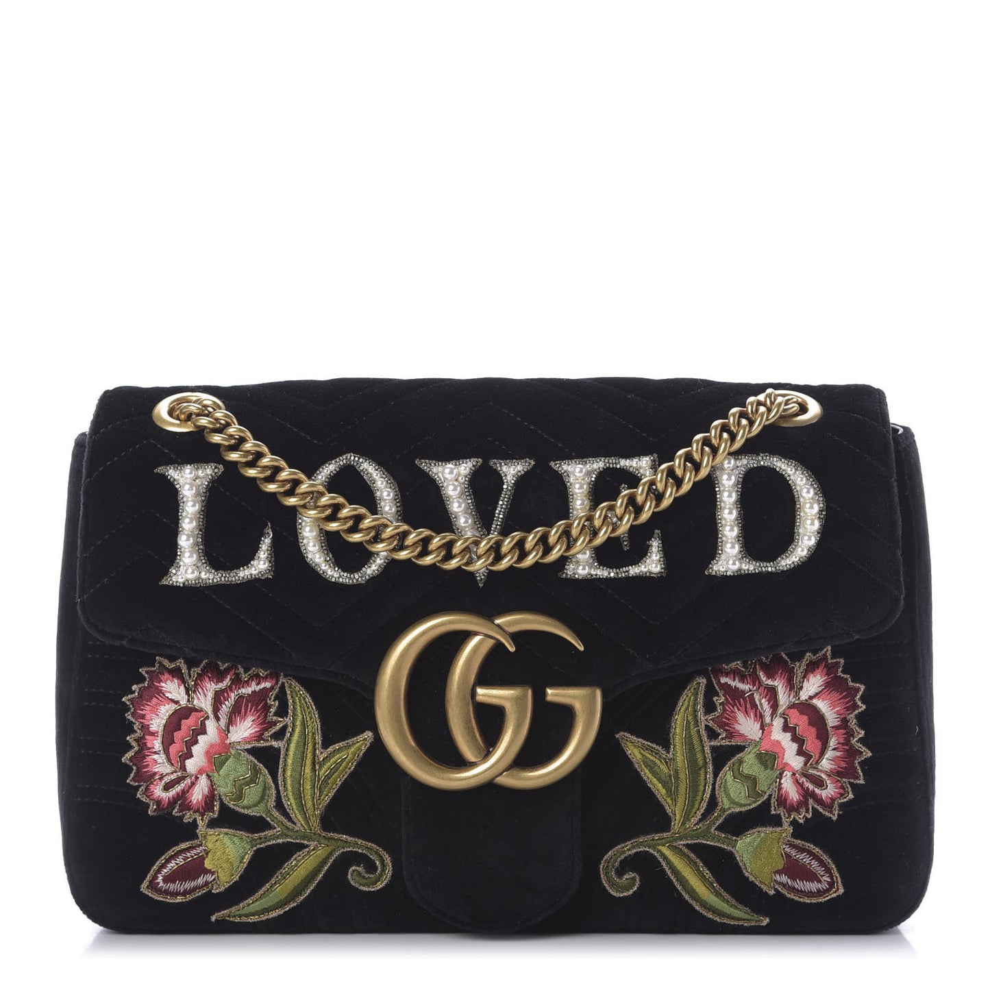 Velvet Matelasse Loved Embroidered Medium GG Marmont Shoulder Bag Black