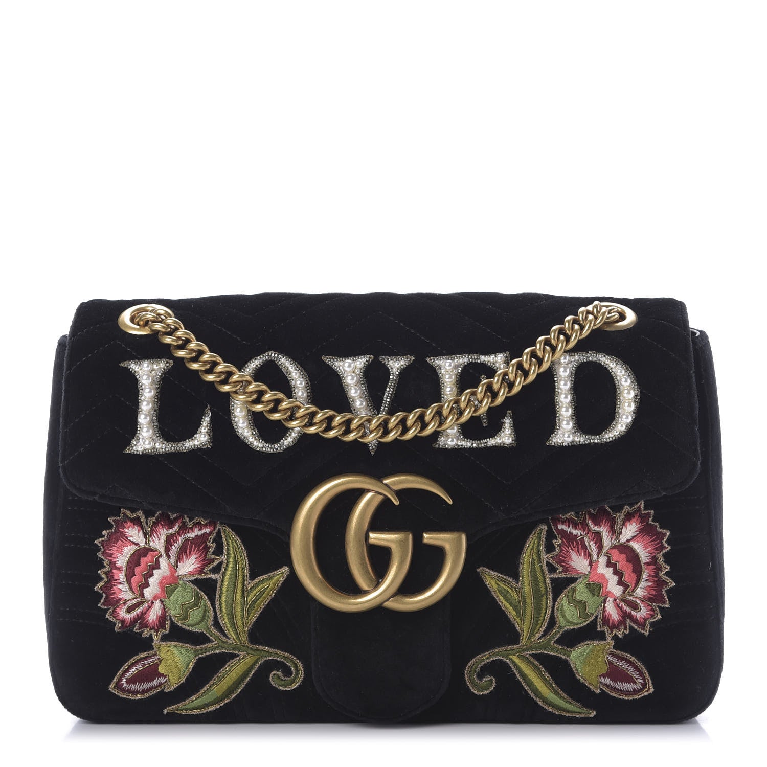 Gucci Velvet Matelasse Loved Embroidered Medium GG Marmont Shoulder Bag Black 1 of 9