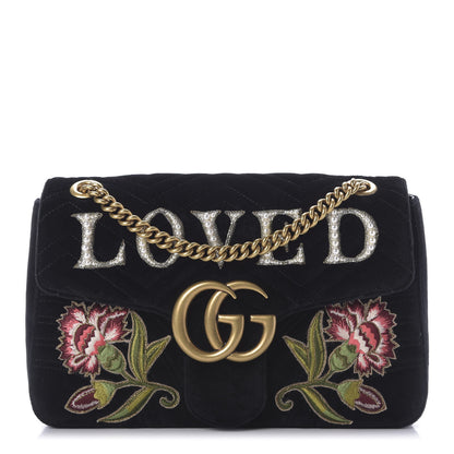 Gucci Velvet Matelasse Loved Embroidered Medium GG Marmont Shoulder Bag Black 1 of 9