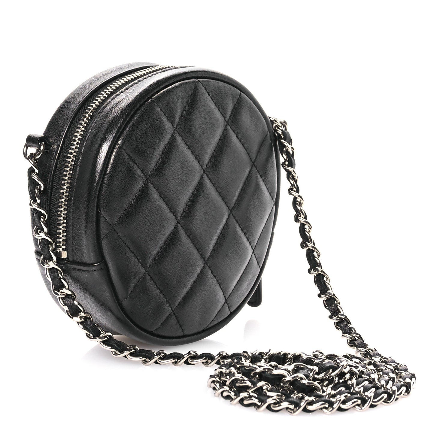Lambskin Quilted Round Clutch With Chain Black