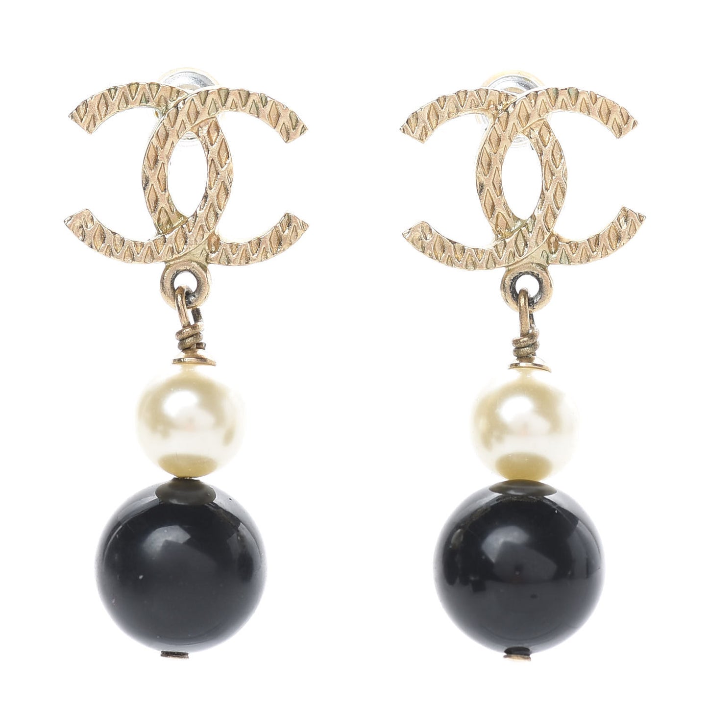 Pearl Bead CC Drop Earrings Black Gold