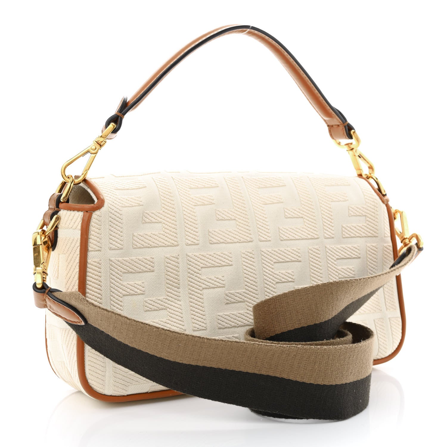 Fendi Canvas Vitello King Bi-Color Strap FF Embroidered Baguette Grezzo Brandy Cuoio 3 of 10