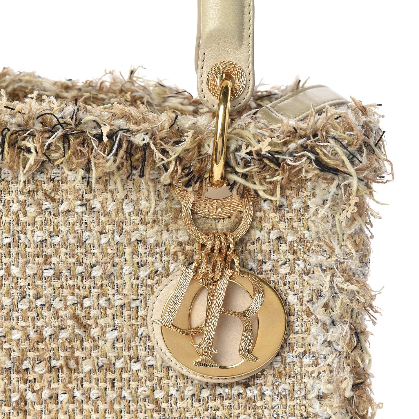 Tweed Crystal Fringe Medium Lady Dior Beige