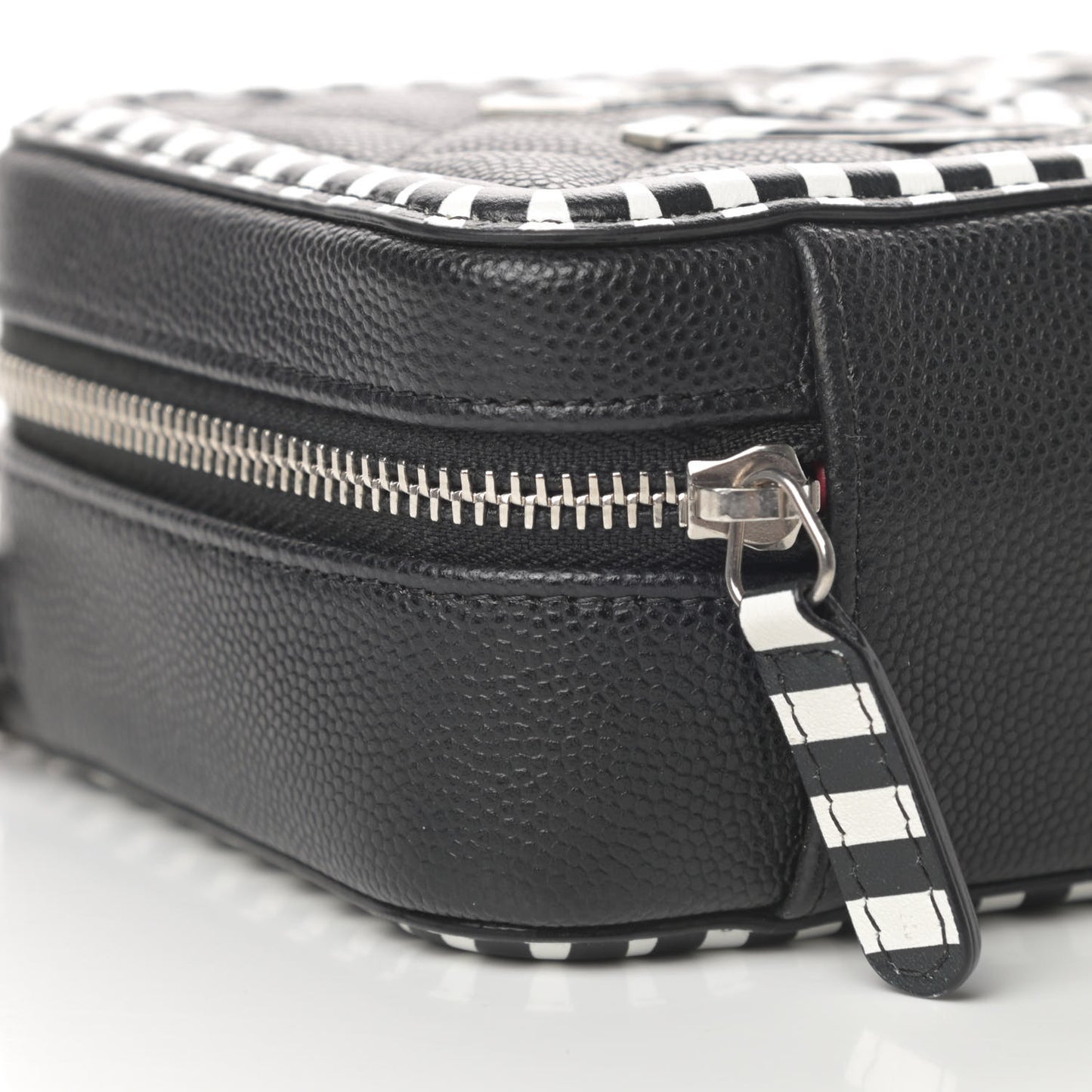 Caviar Quilted Striped Filigree Vanity Clutch With Chain Black White