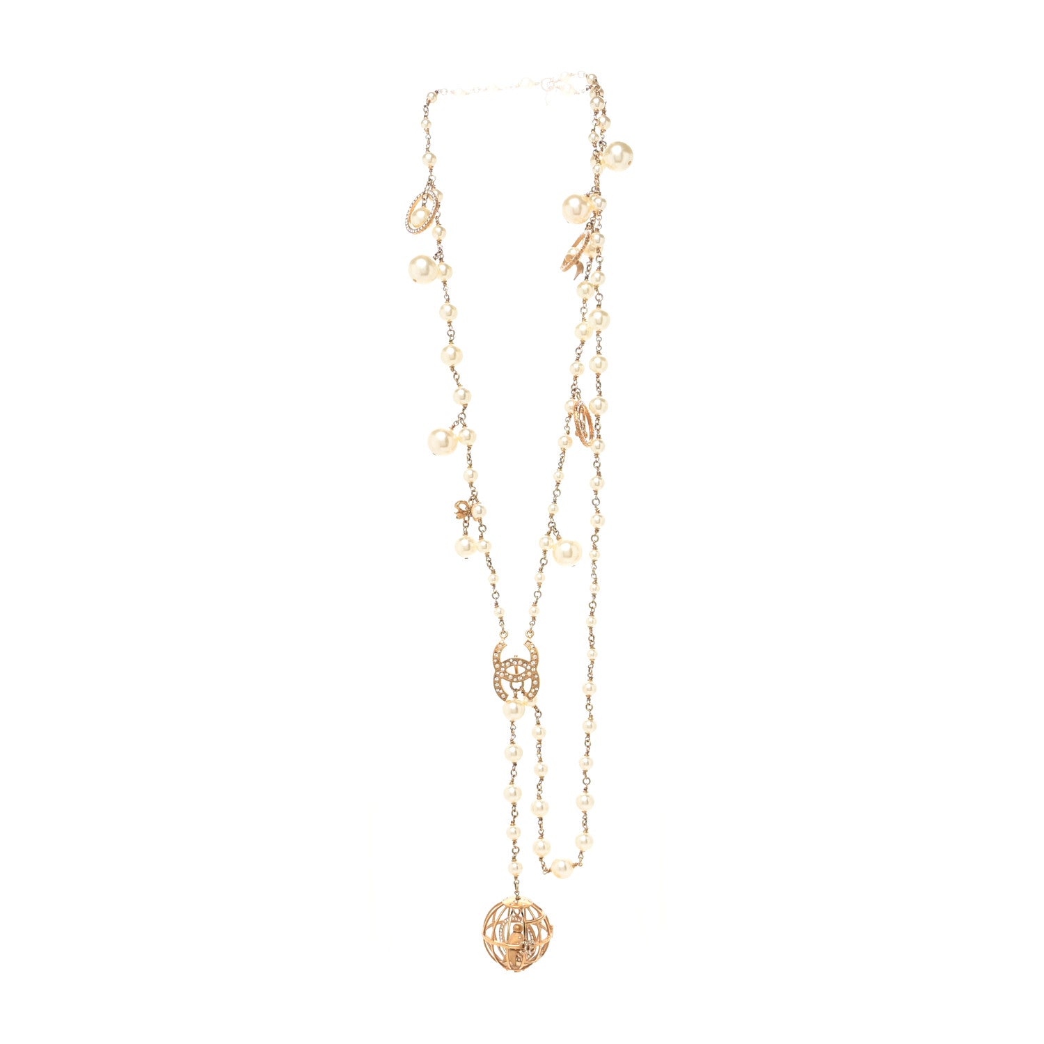 Chanel Pearl Crystal CC Bird Cage Multi Strand Long Necklace Gold 2 of 6
