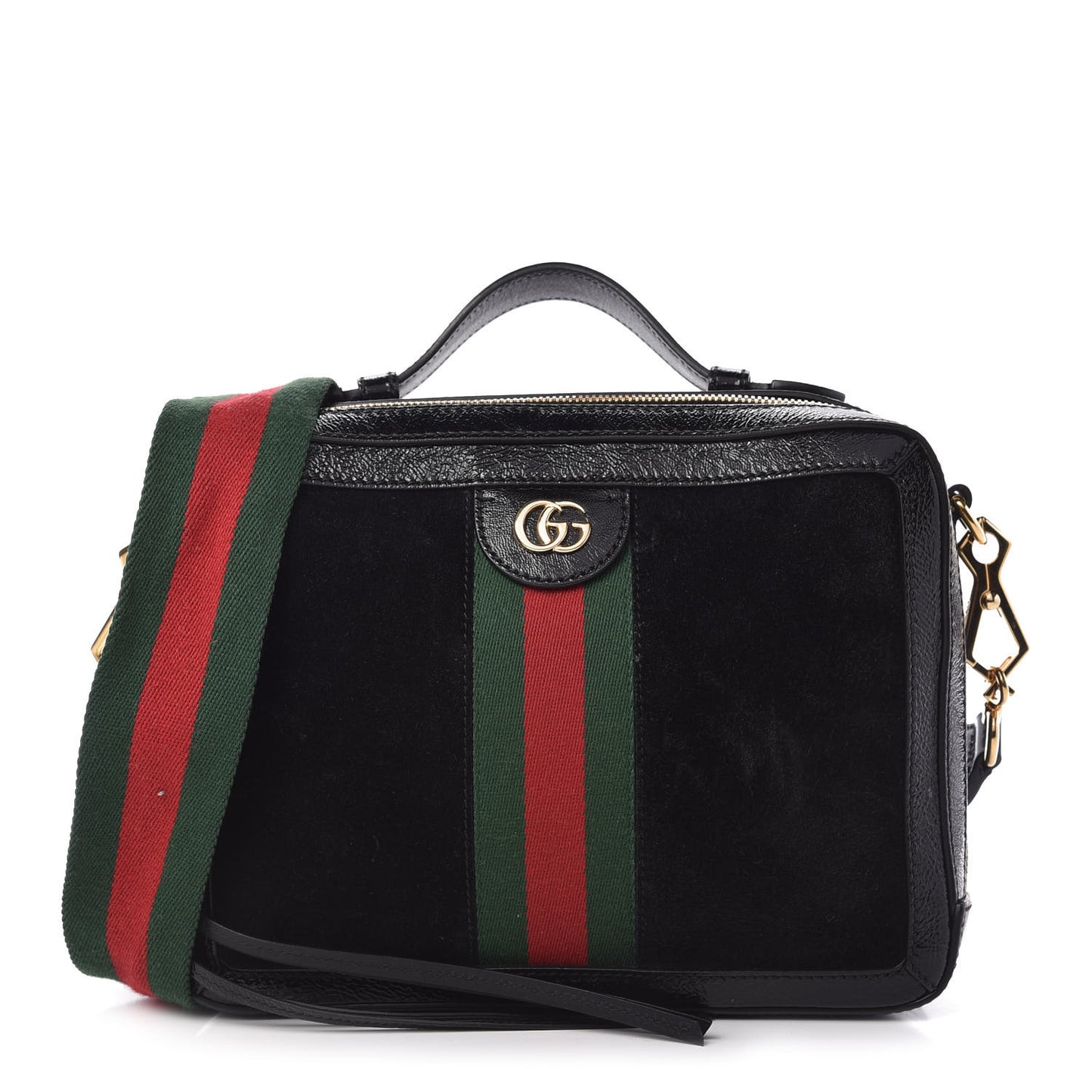 Suede Patent Web Small Ophidia Top Handle Shoulder Bag Black