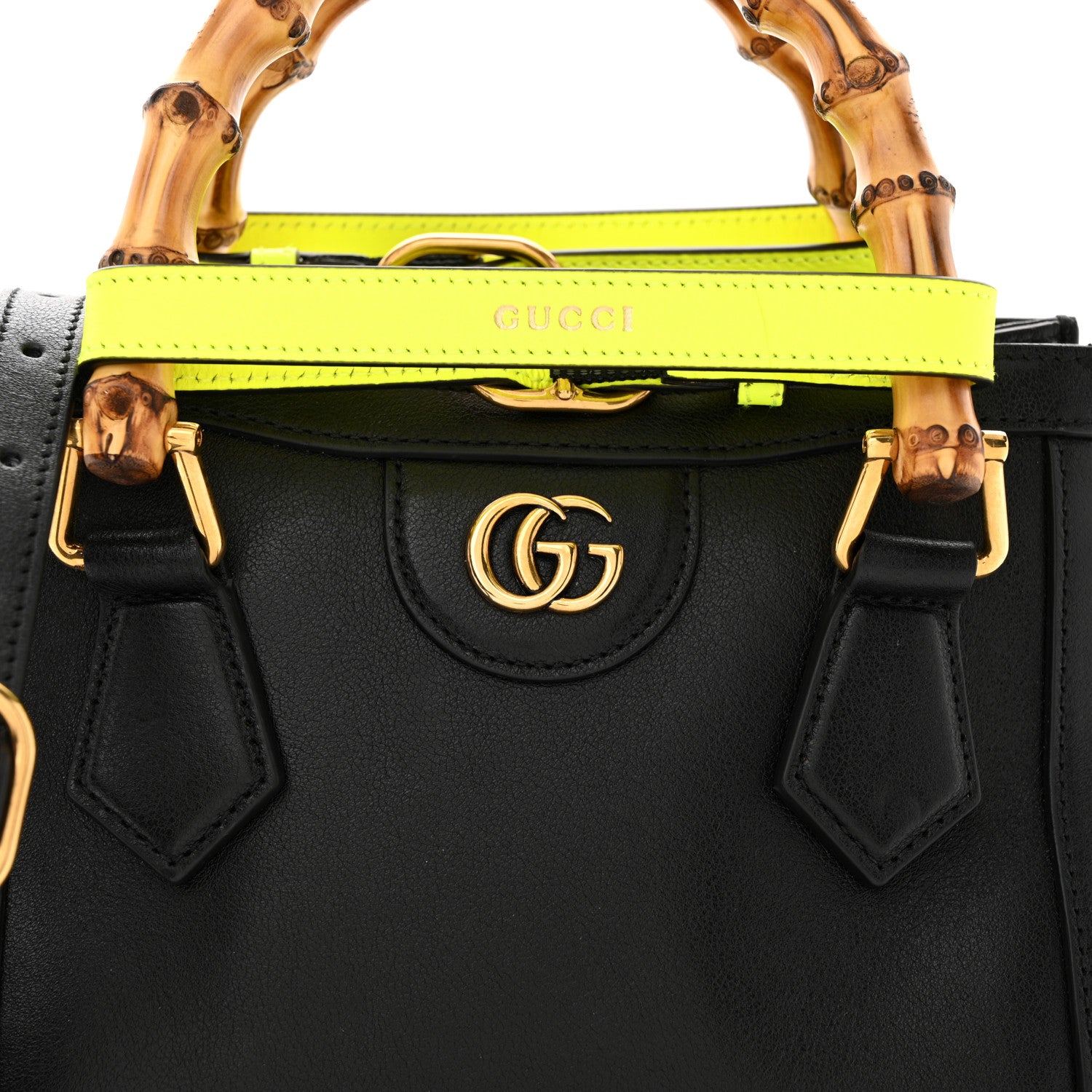 Gucci Wonka Grain Calfskin Mini Diana Tote Bag Black Yellow Fluo 8 of 12