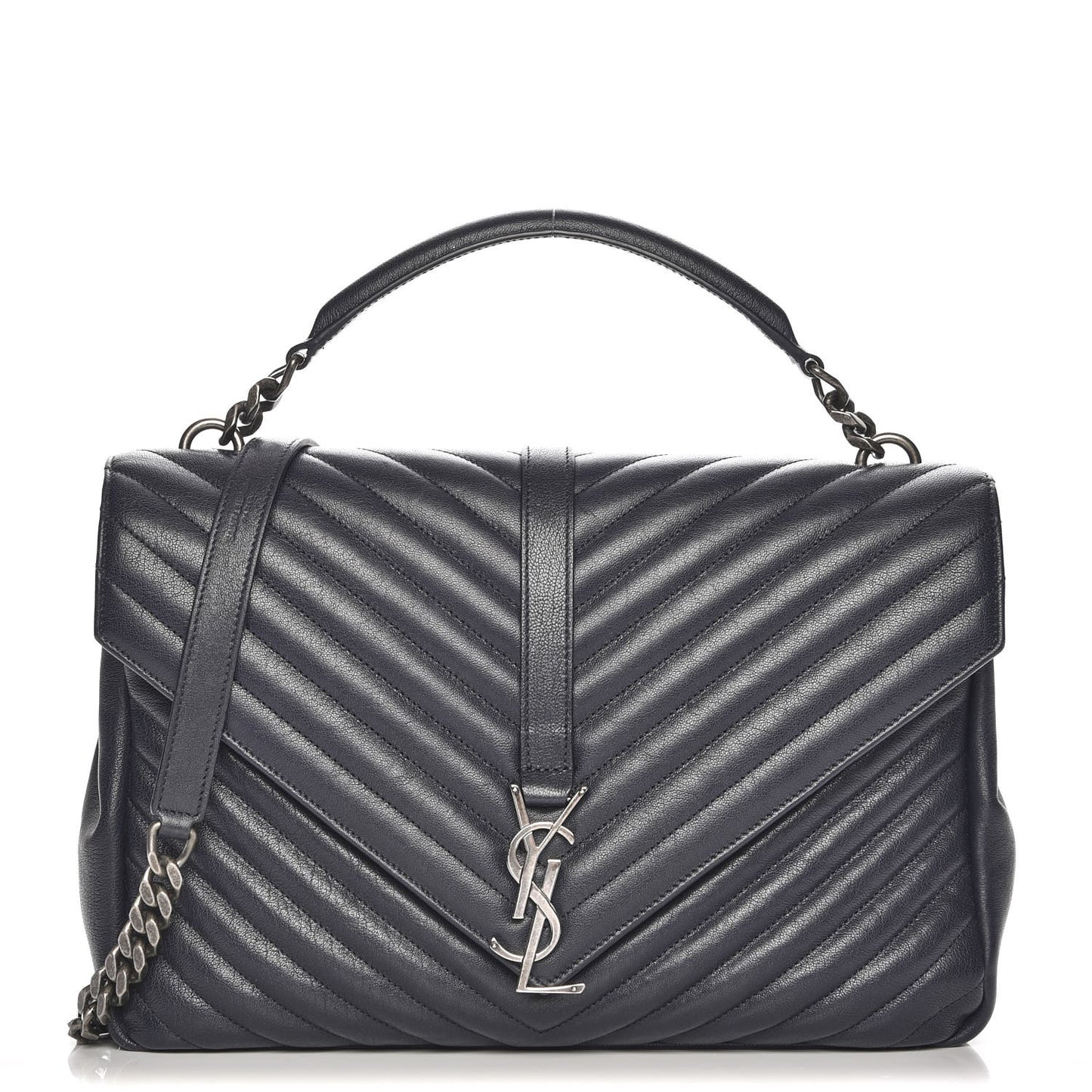 Sheepskin Matelasse Chevron Monogram Large College Satchel Navy Blue