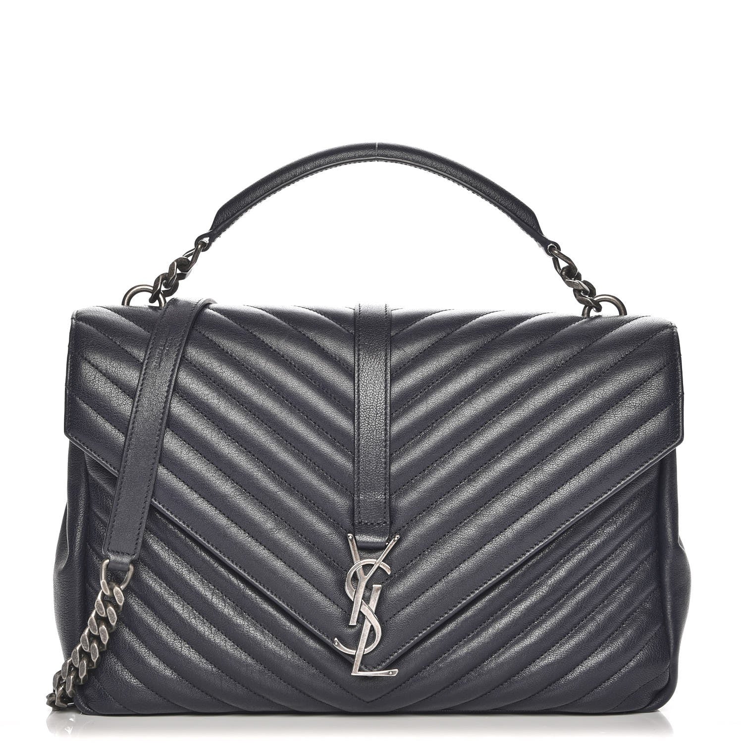 Saint Laurent Sheepskin Matelasse Chevron Monogram Large College Satchel Navy Blue 1 of 8