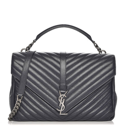Saint Laurent Sheepskin Matelasse Chevron Monogram Large College Satchel Navy Blue 1 of 8