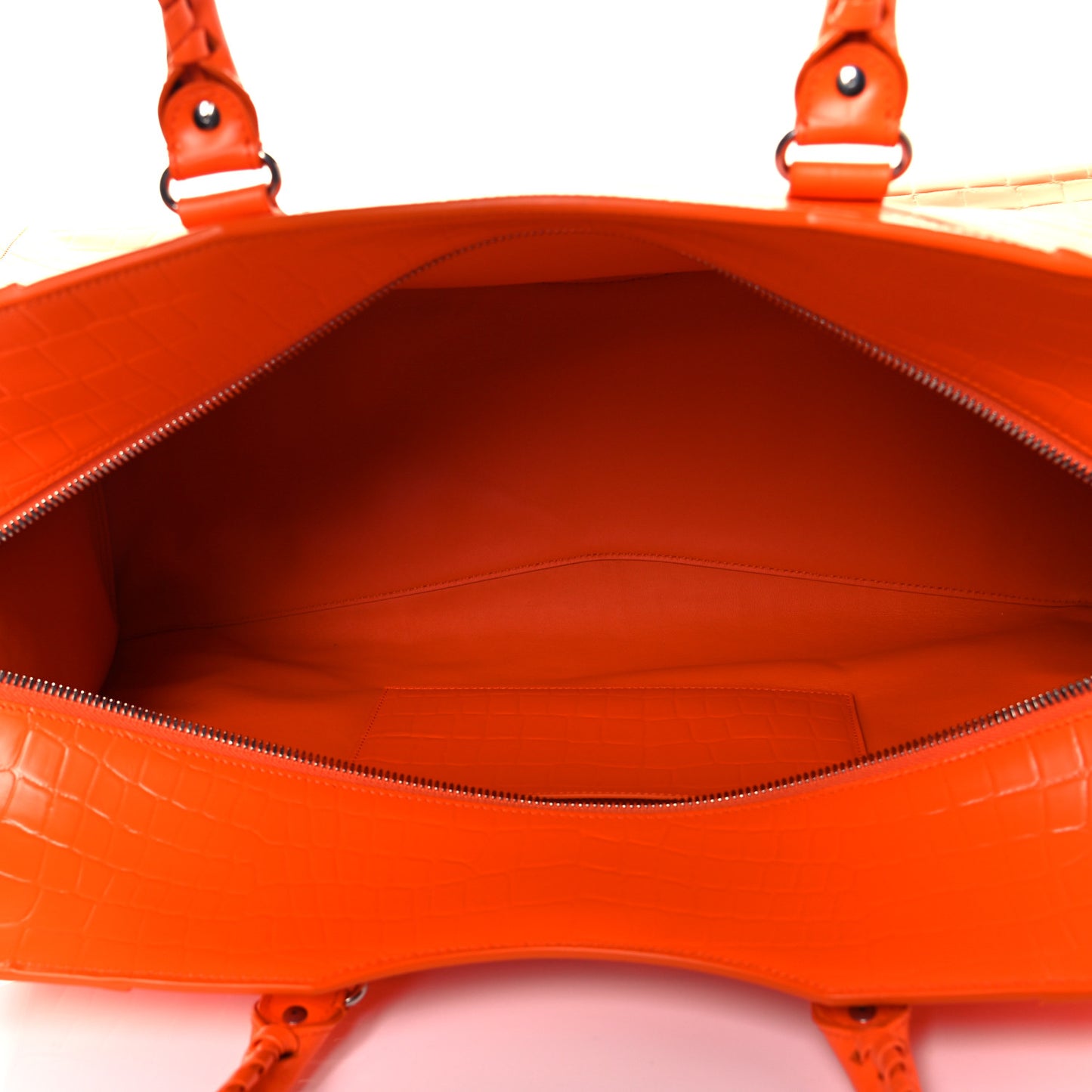 Semi Shiny Calfskin Crocodile Embossed Neo Classic Silver Hardware Large Top Handle Bag Orange