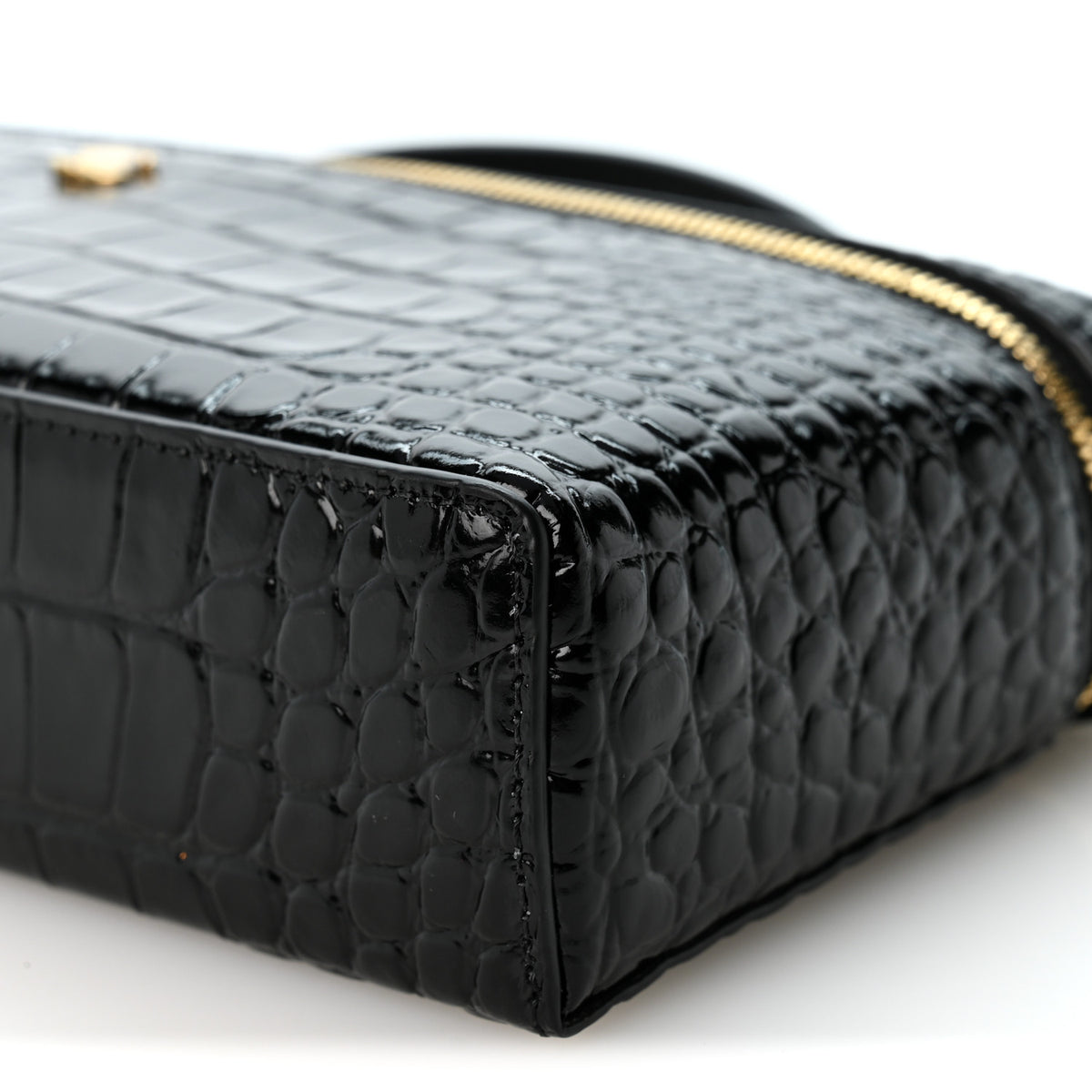 Calfskin Crocodile Embossed Crococo Top Handle East West Vanity Case With Chain Black