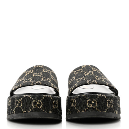 Gucci Jacquard Black Denim GG Monogram Angelina Platform 55mm Slide Sandals 37 Black Ivory 2 of 8