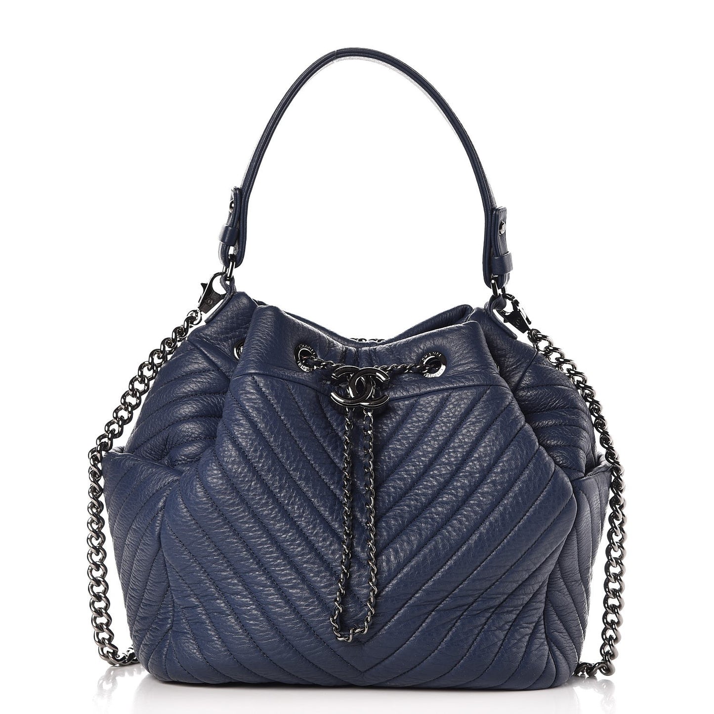 Deerskin Chevron Medium CC Chain Bucket Drawstring Bag Navy Blue