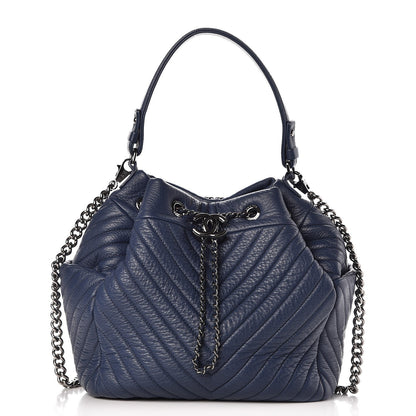 Chanel Deerskin Chevron Medium CC Chain Bucket Drawstring Bag Navy Blue 1 of 9