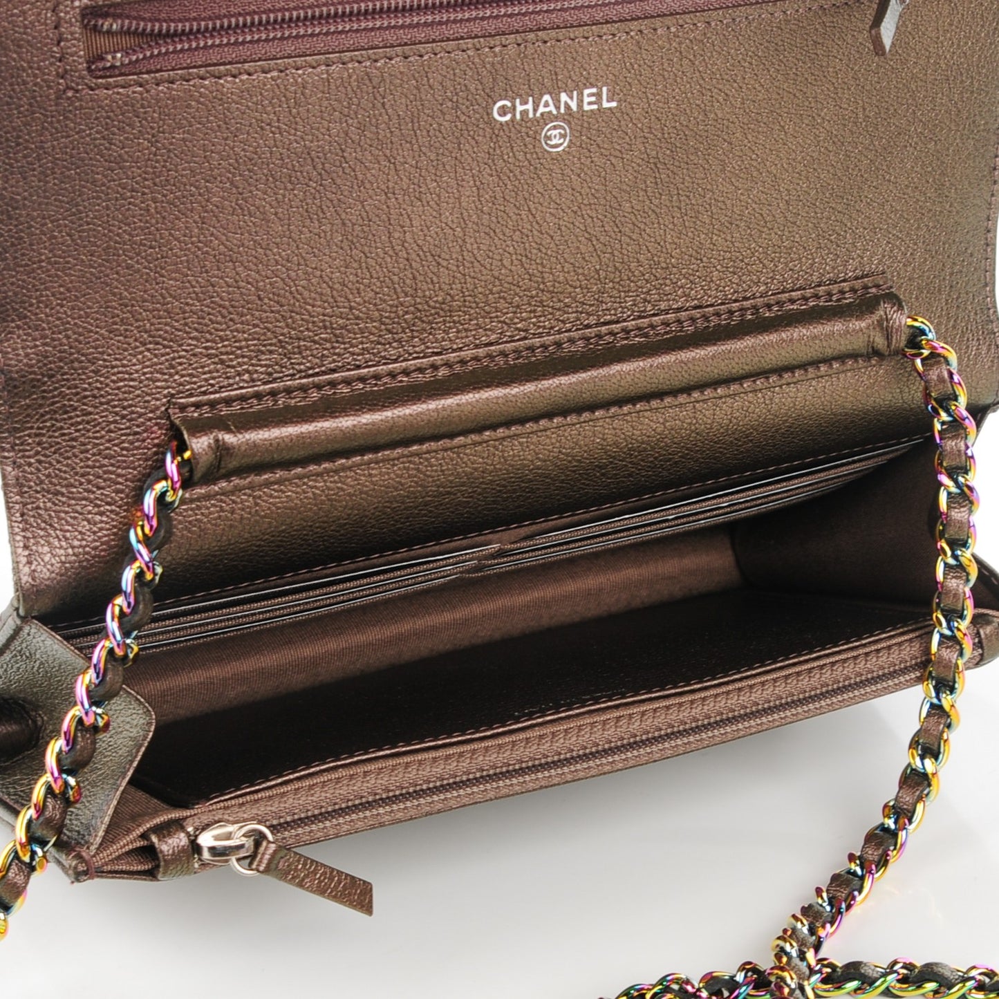 Iridescent Goatskin Quilted Wallet On Chain WOC Bronze