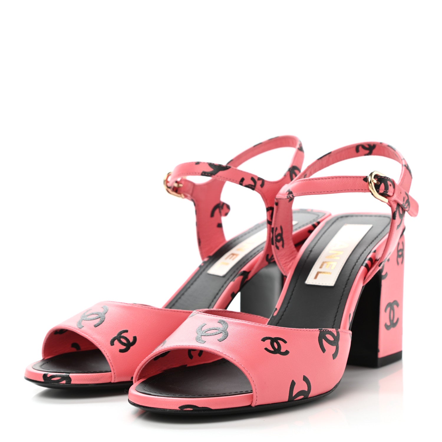 Chanel Printed Lambskin CC Sandals 38.5 Pink Black 3 of 9