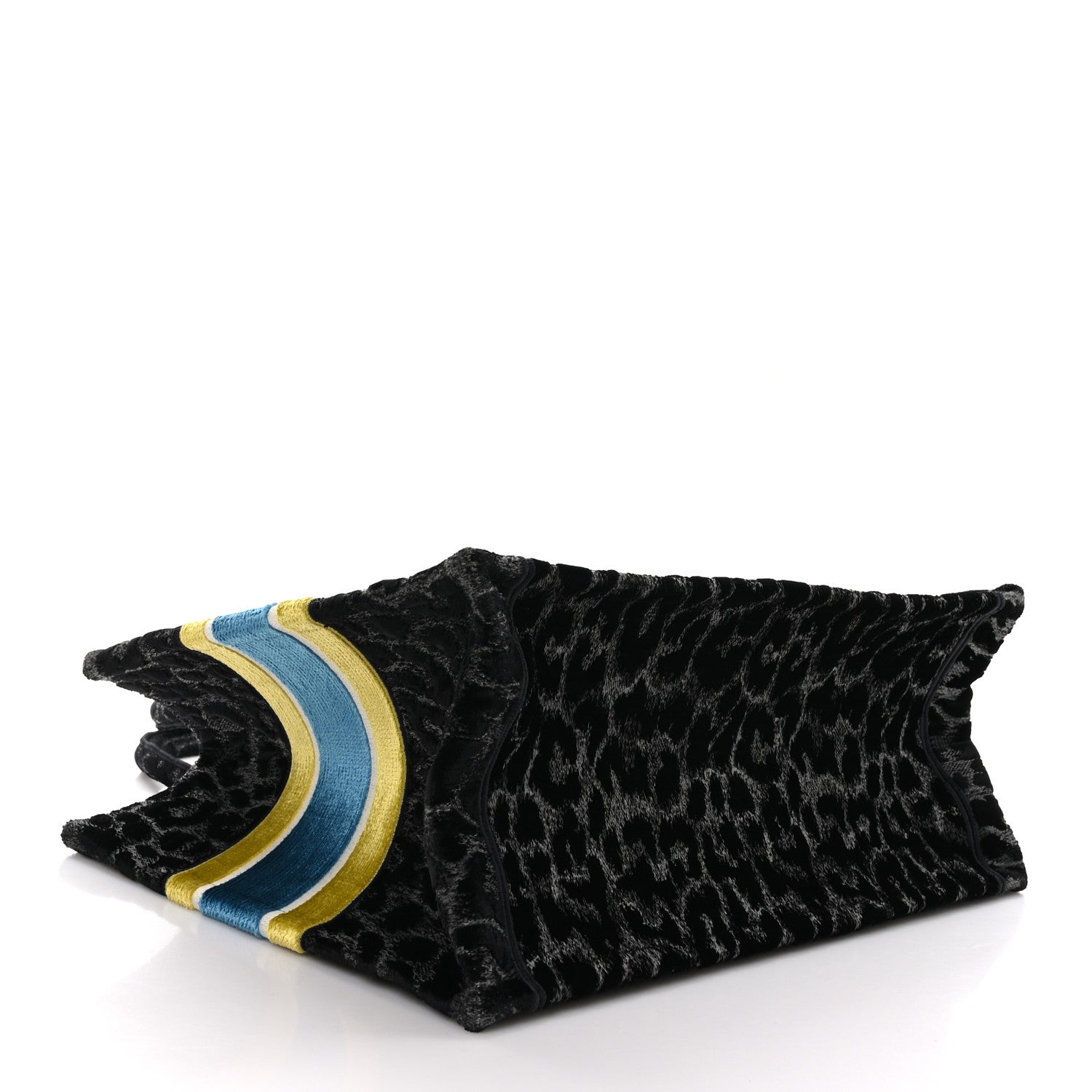 Christian Dior Velvet Mizza Embroidered Medium Leopard Book Tote Black Yellow Blue 4 of 10