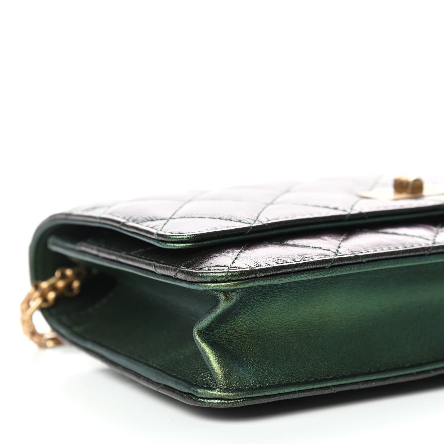 Metallic Aged Calfskin Quilted 2.55 Reissue Wallet on Chain WOC Green