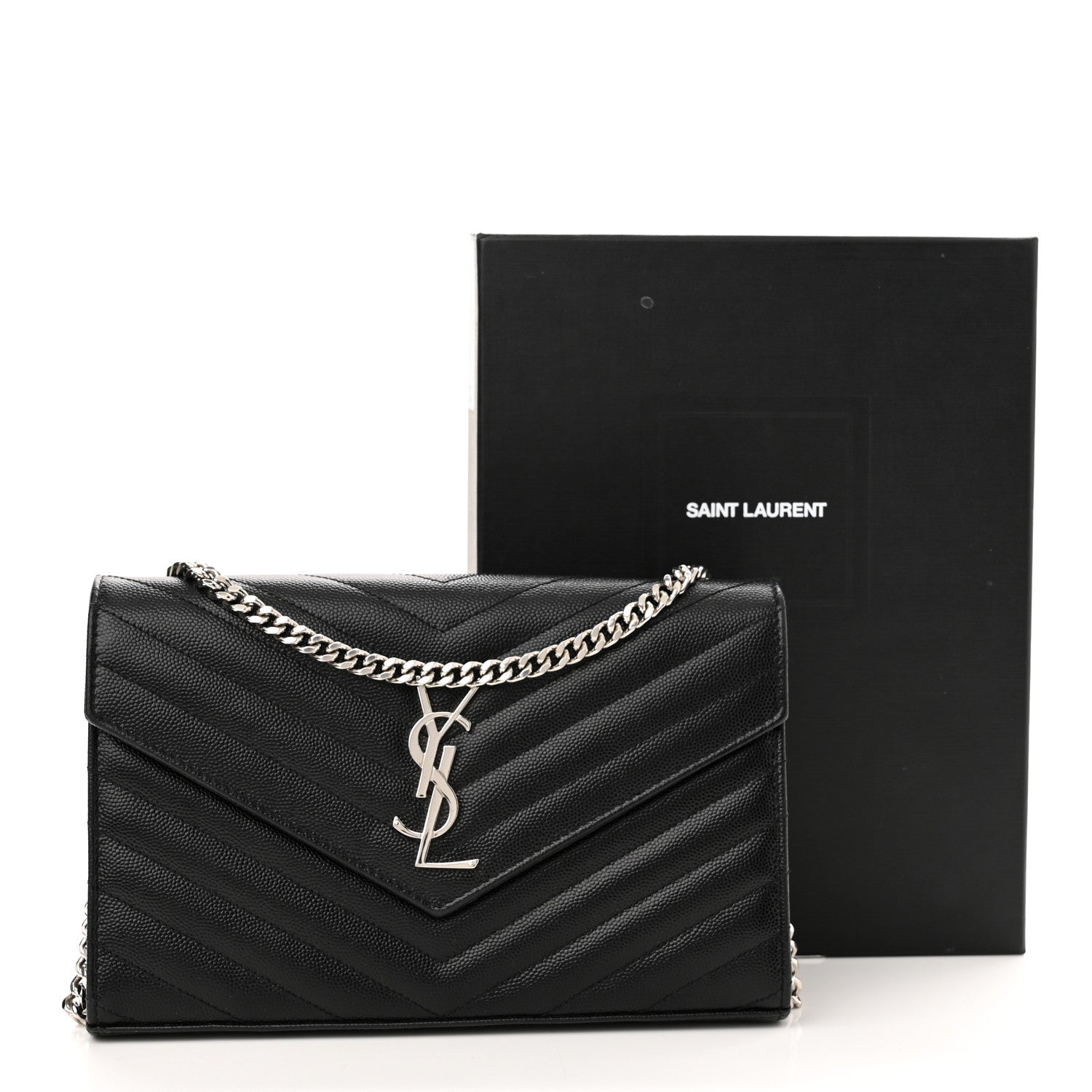 Saint Laurent Grain De Poudre Matelasse Chevron Monogram Chain Wallet Black 10 of 10