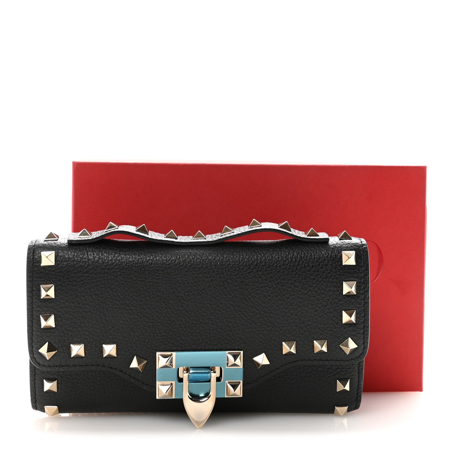 Valentino Garavani Pebbled Calfskin Rockstud Flip Lock Wallet On Chain Black 10 of 10