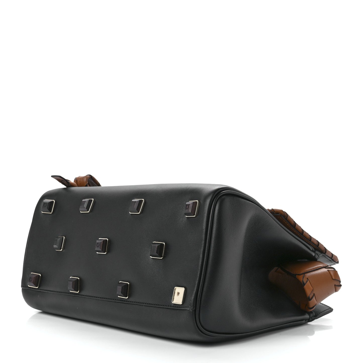 Calfskin Woven Small Studio Top Handle Bag Tan Black