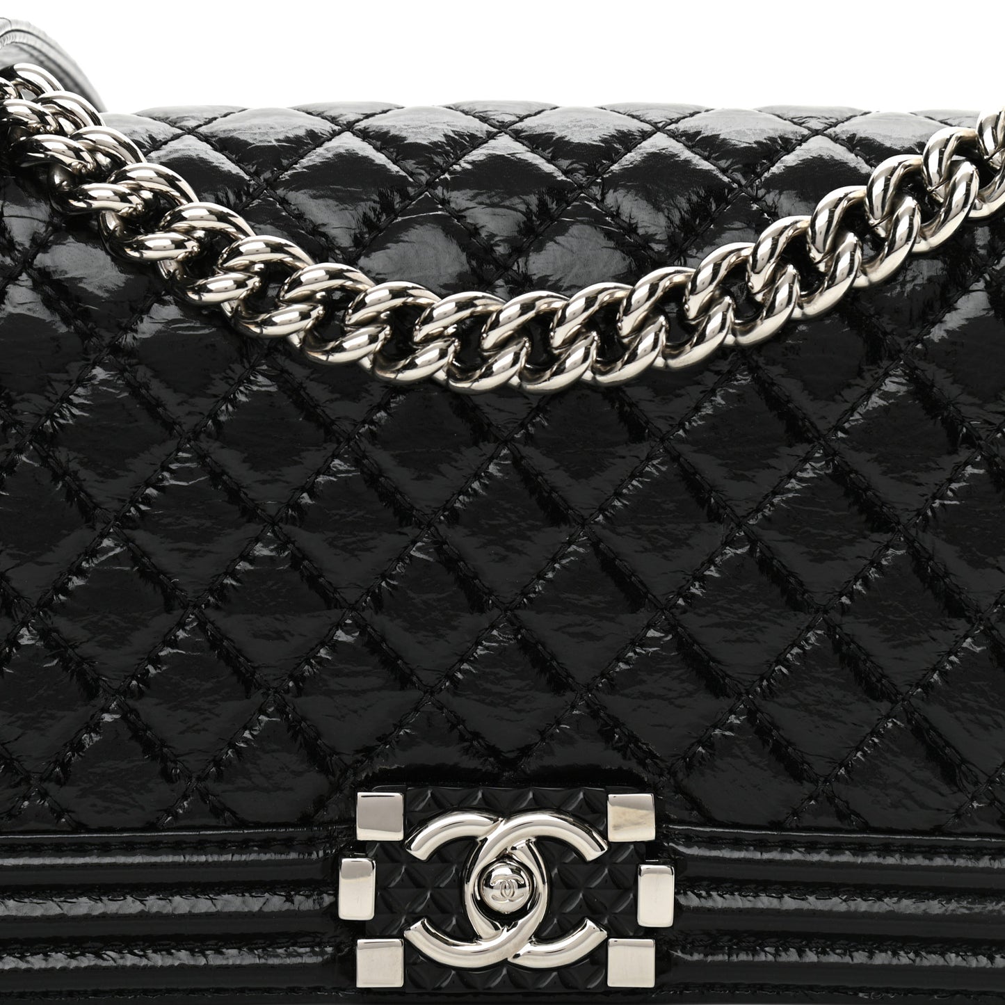 Distressed Patent Quilted Medium Boy Flap Black