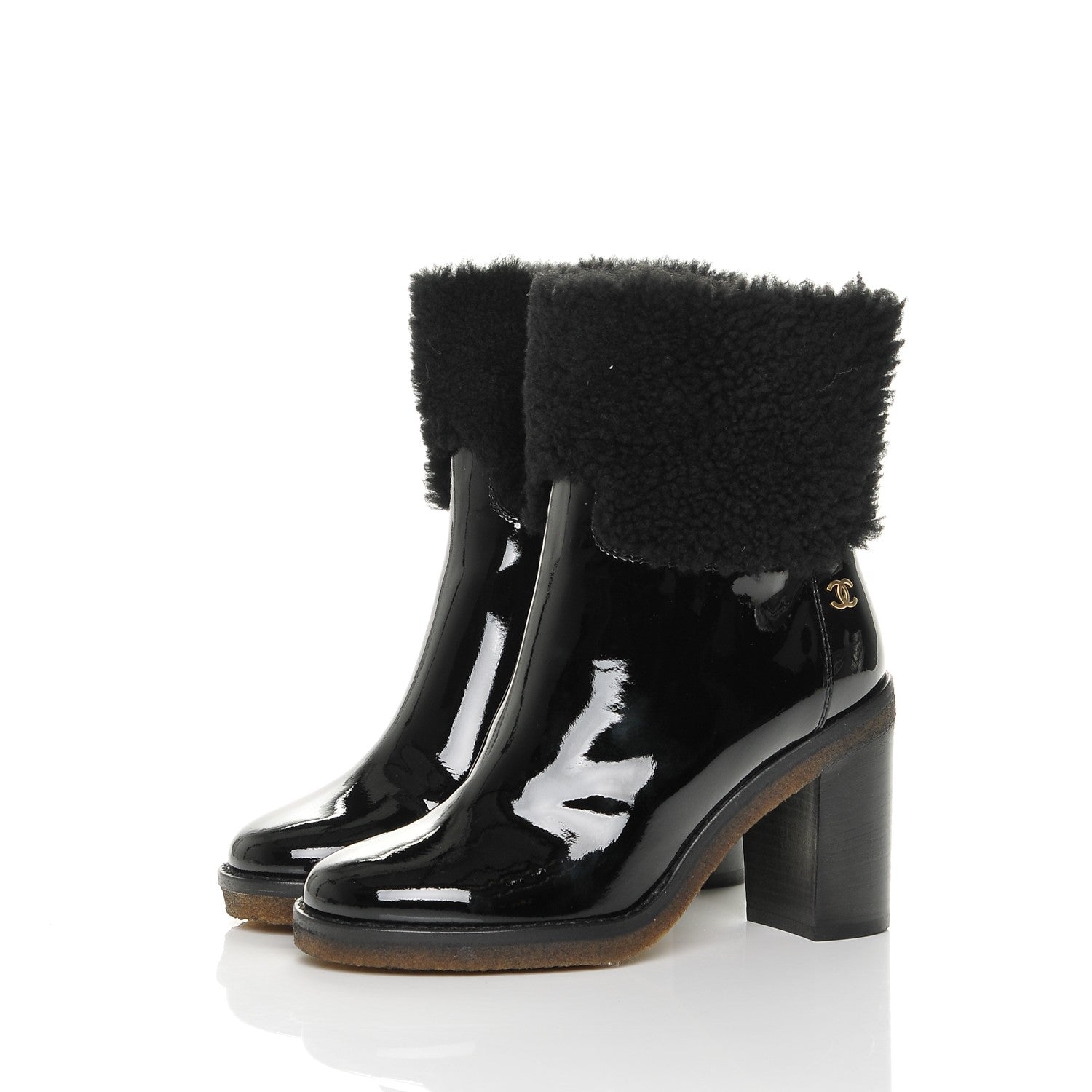 Chanel Patent Calfskin Shearling Short Boots 37 Black 3 of 7