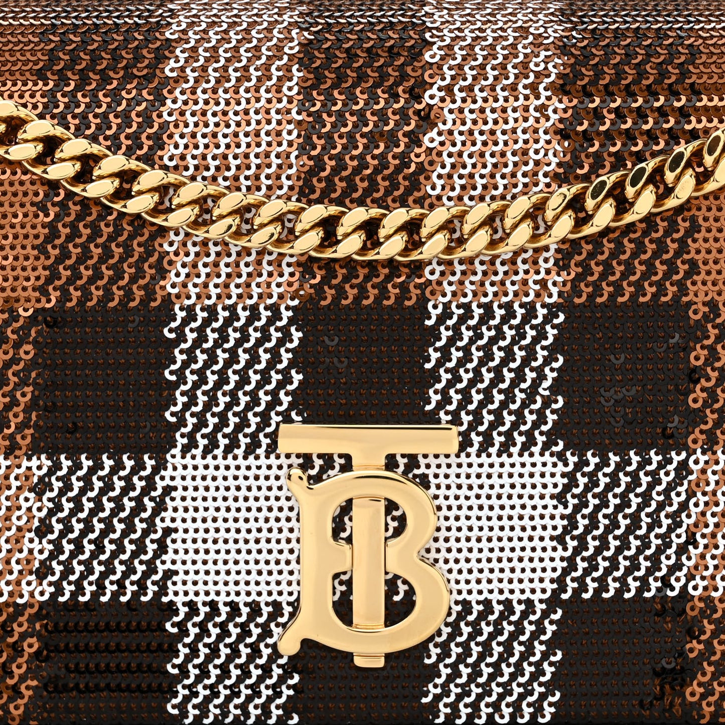 Calfskin Sequin Check Embellished TB Lola Chain Wallet Dark Birch