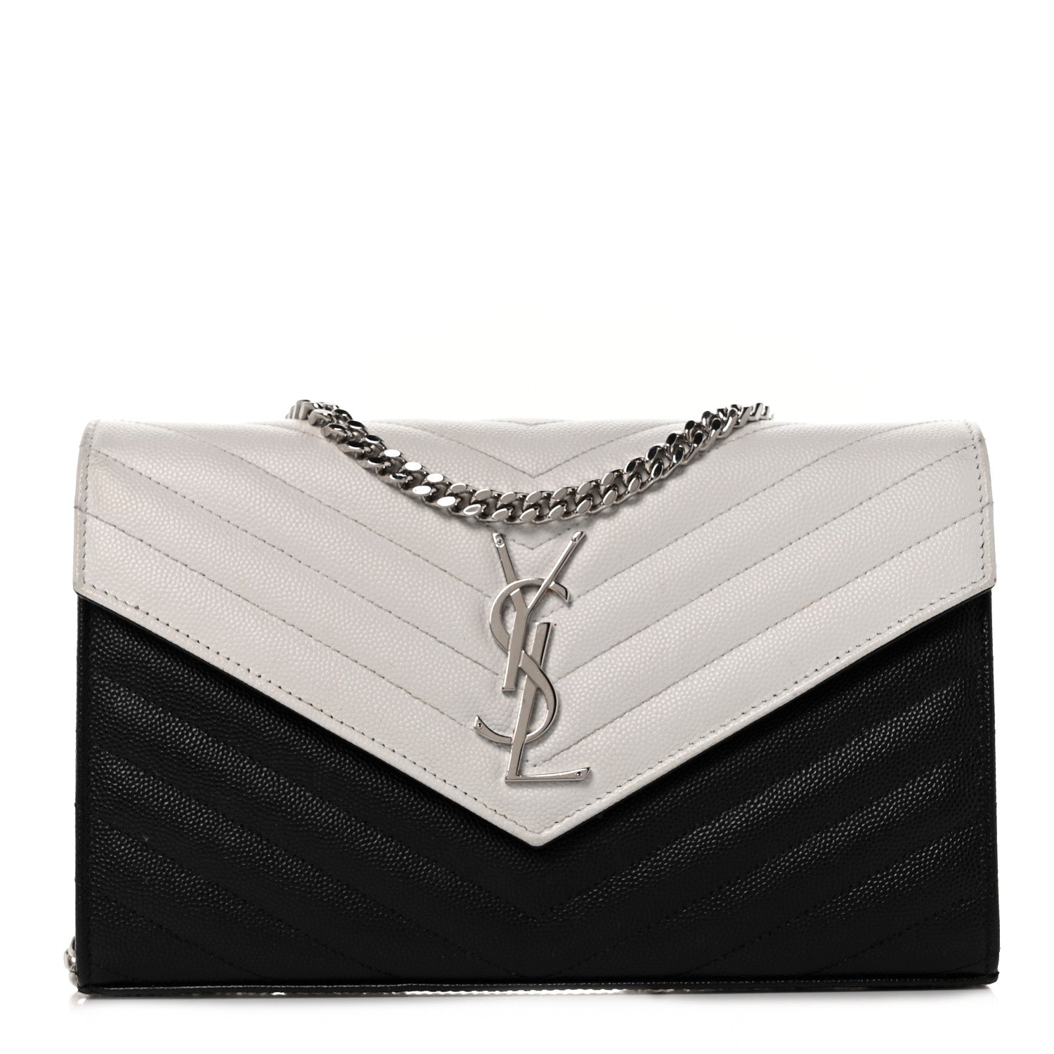 Saint Laurent Grain De Poudre Matelasse Chevron Bi-Color Monogram Chain Wallet White Black 1 of 10