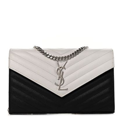 Saint Laurent Grain De Poudre Matelasse Chevron Bi-Color Monogram Chain Wallet White Black 1 of 10