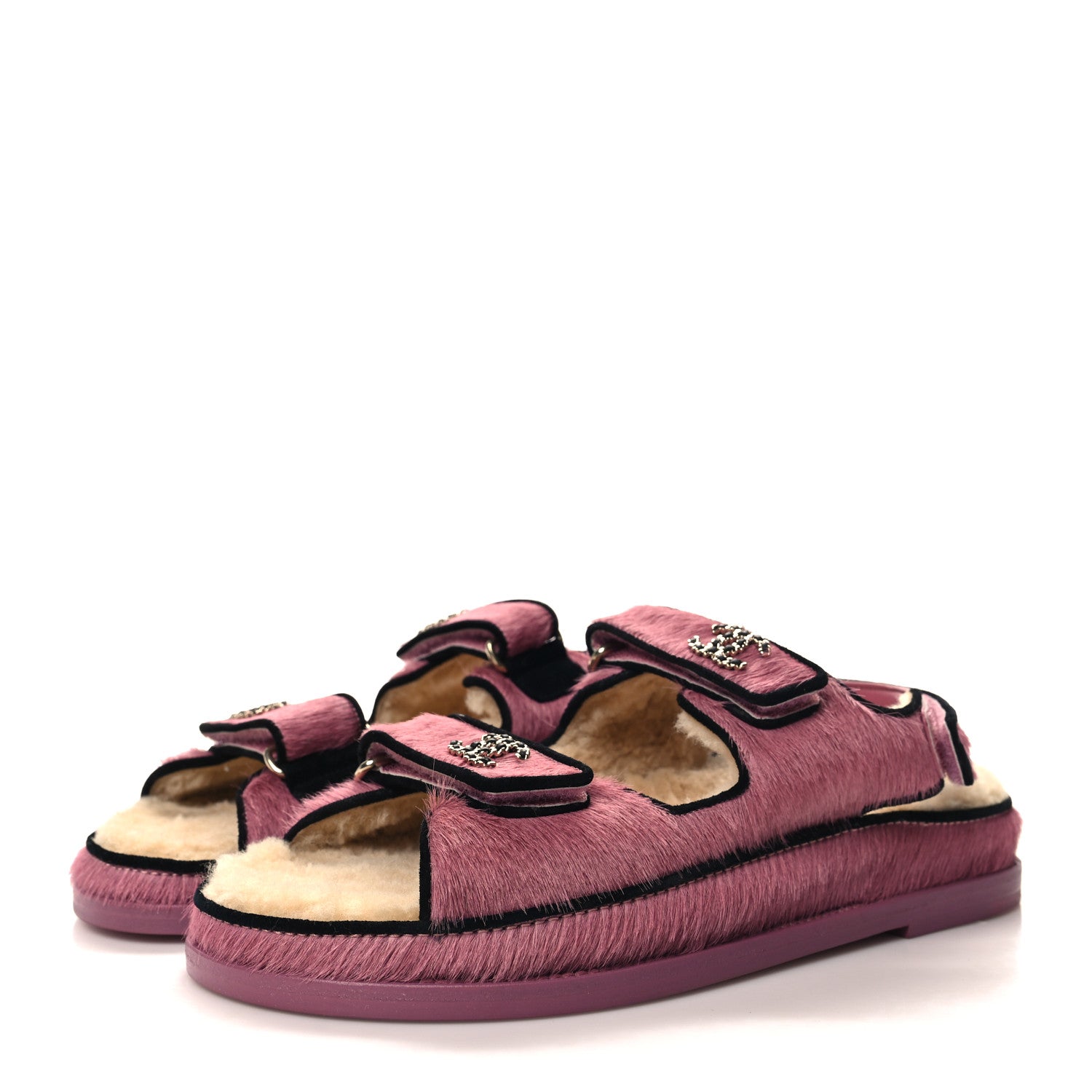 Chanel Calfskin Hair Suede Shearling Dad Sandals 38.5 Rose Black 3 of 9