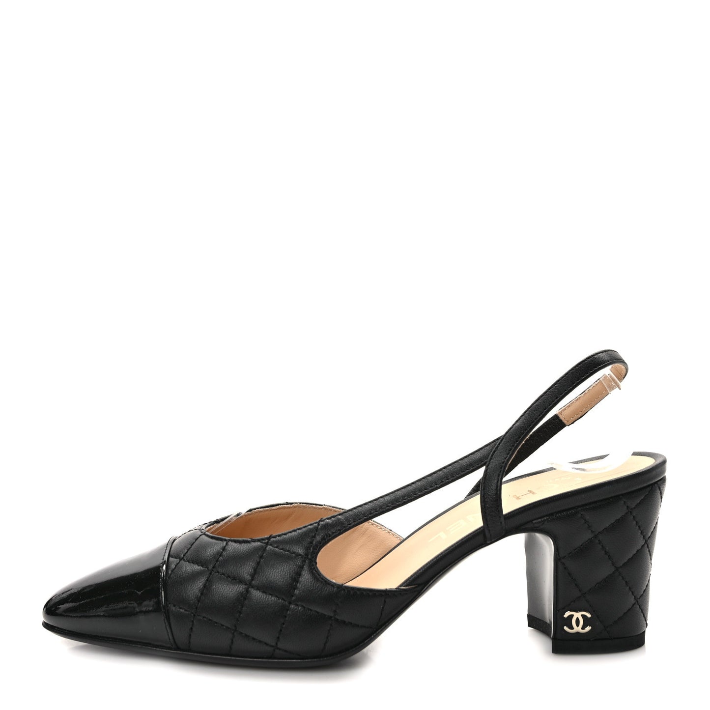 Lambskin Patent Calfskin Quilted Cap Toe CC Slingback Pumps 38 Black