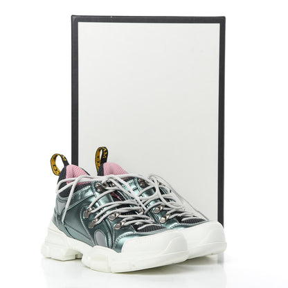 Gucci X SEGA Metallic Calfskin Removable Crystals Womens Flashtrek Sneakers 36 Lago Loess Silver 10 of 10