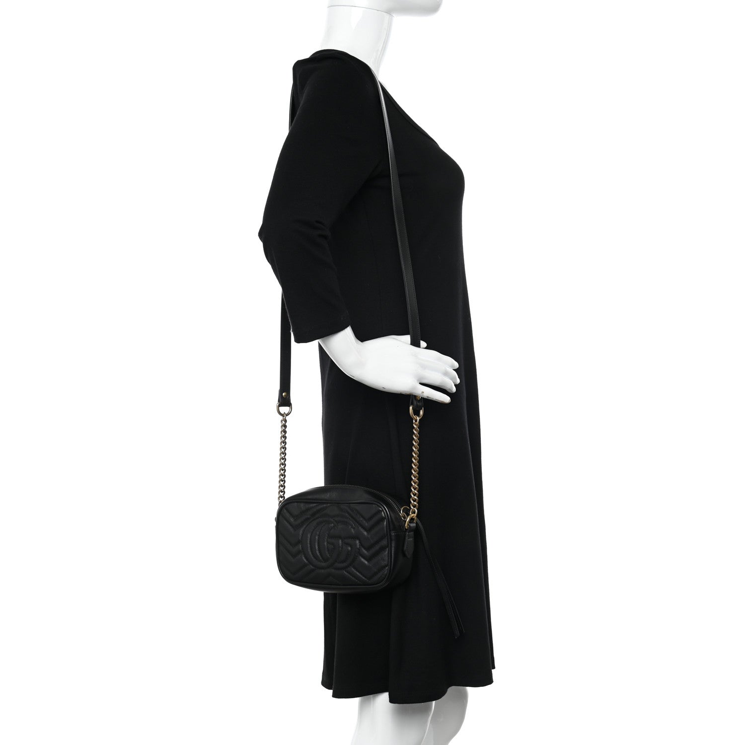 Gucci Calfskin Matelasse Mini GG Marmont Chain Shoulder Bag Black 2 of 11