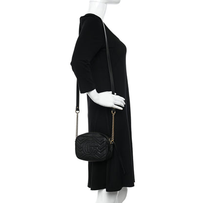 Gucci Calfskin Matelasse Mini GG Marmont Chain Shoulder Bag Black 2 of 11