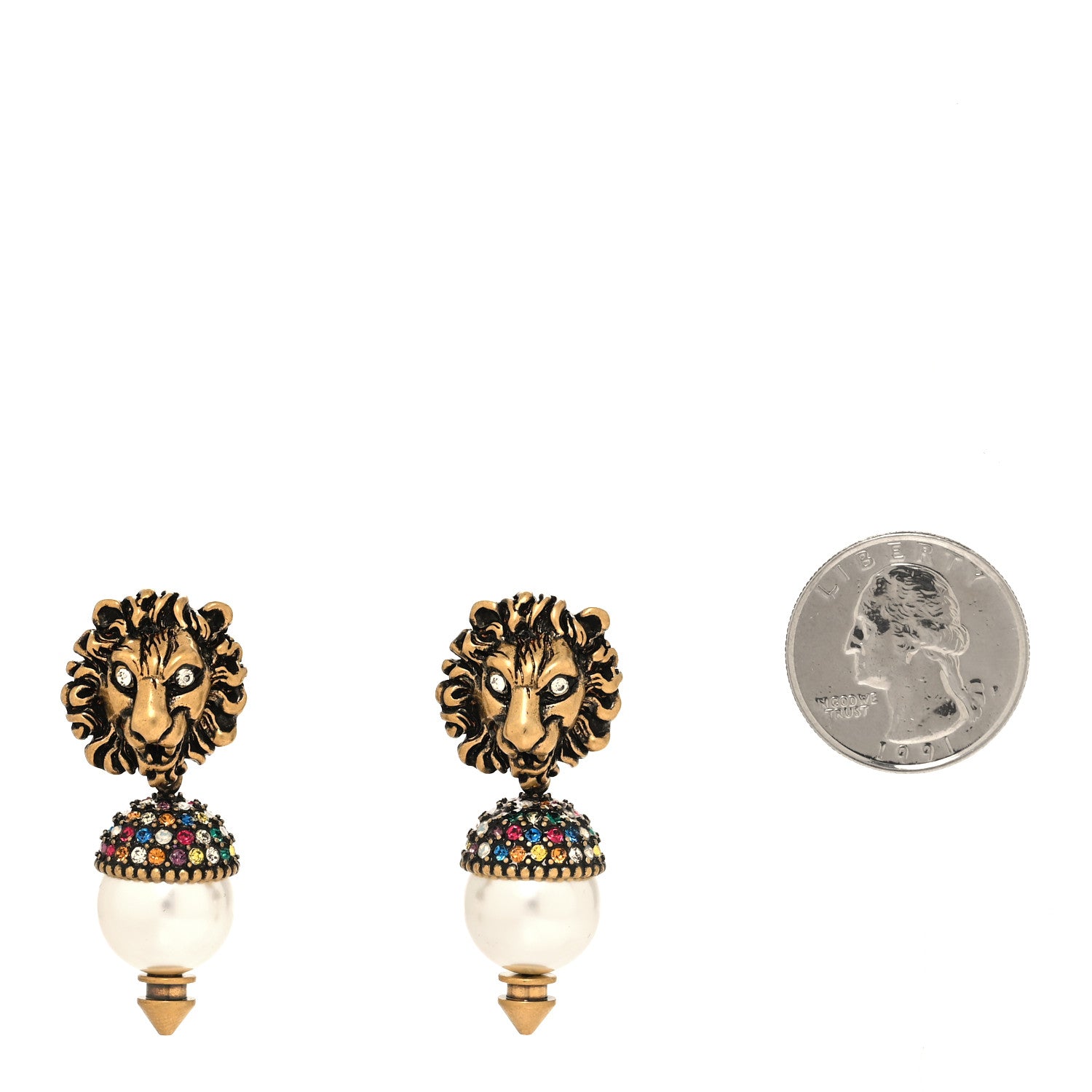 Gucci Metal Crystal Lion Earrings Aged Gold 2 of 4
