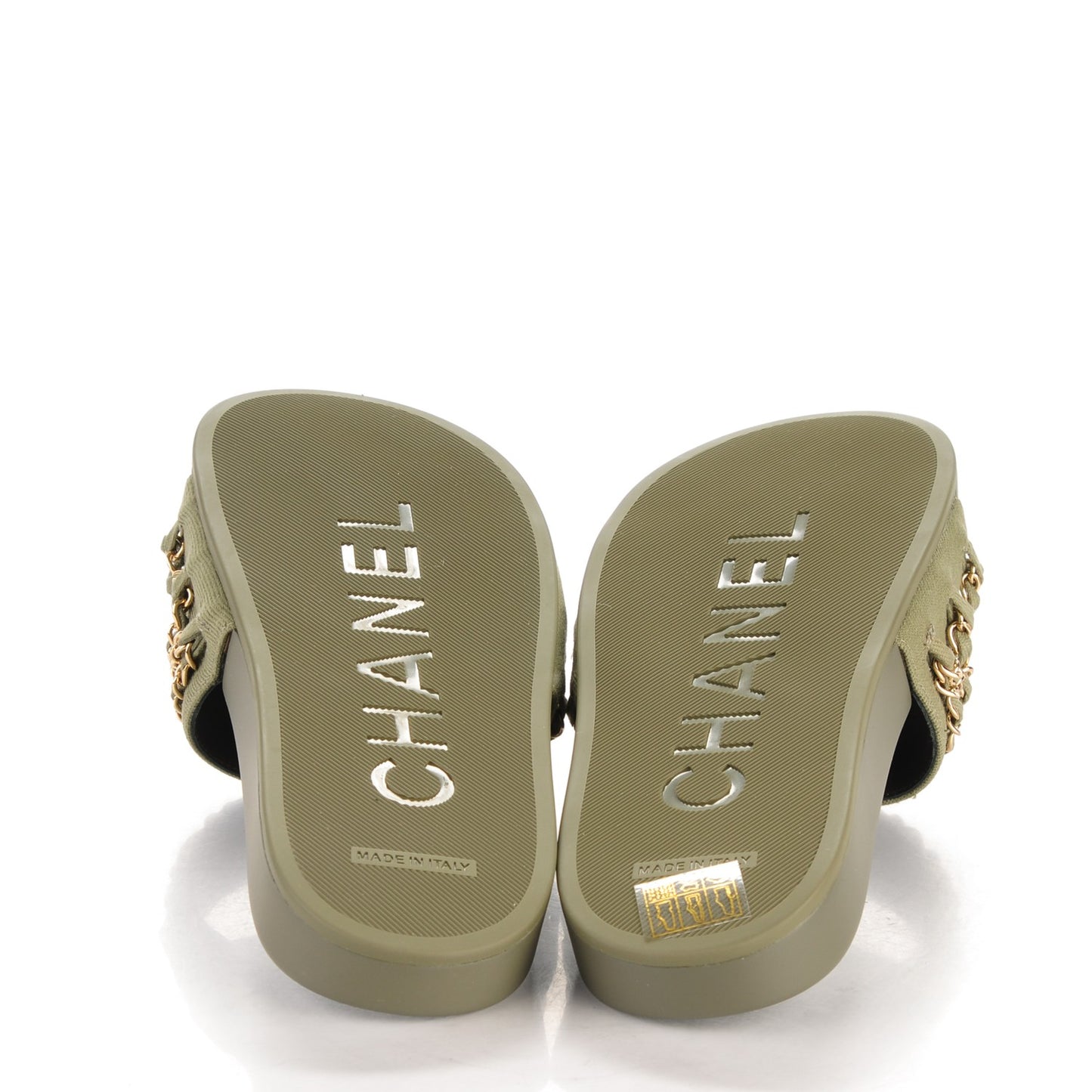 Lambskin Canvas Chain Flat Sandals 37 Green