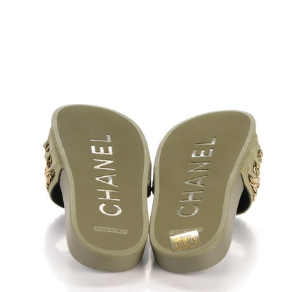 Chanel Lambskin Canvas Chain Flat Sandals 37 Green 5 of 7