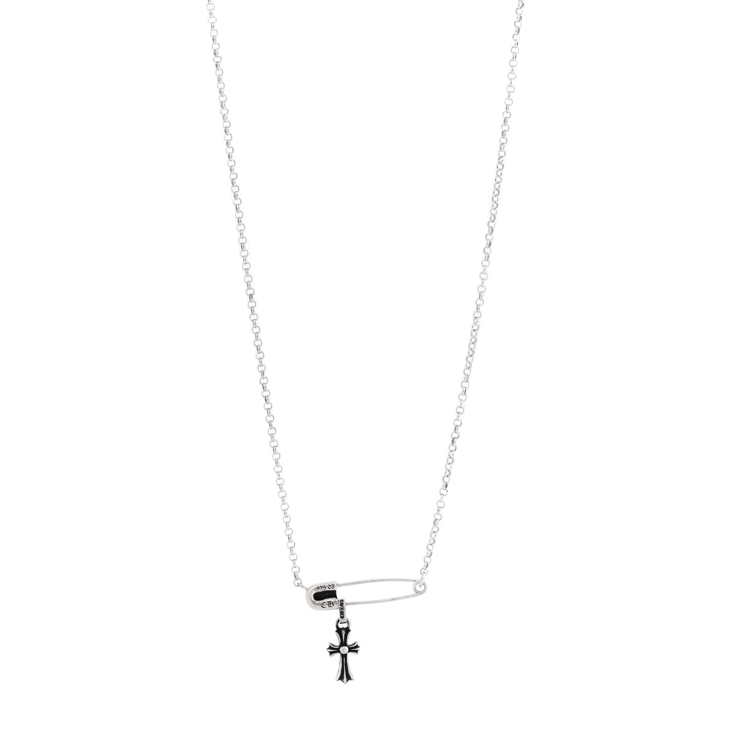 Sterling Silver Safety Pin Baby Fat Cross Pendant Necklace