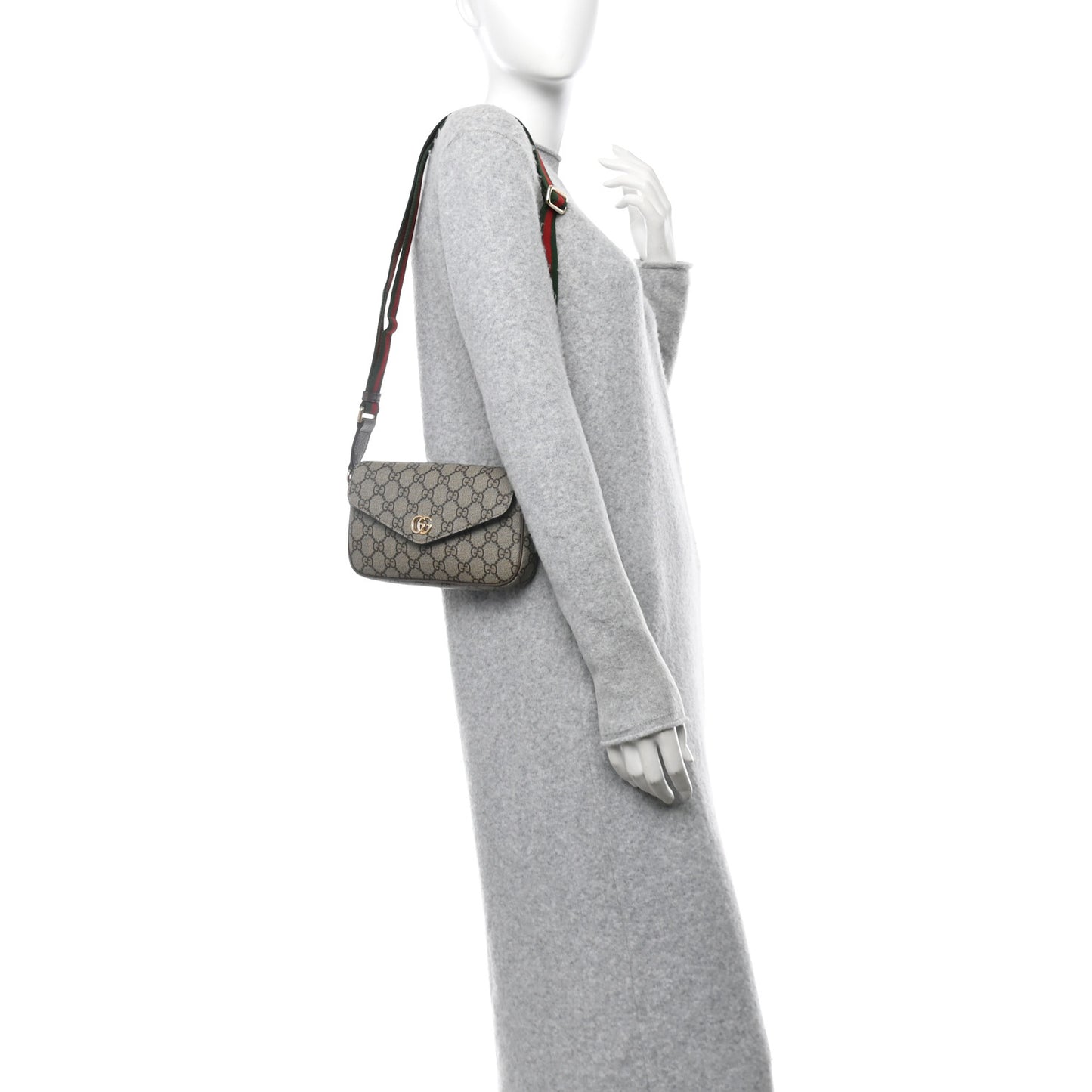 GG Supreme Monogram Textured Dollar Calfskin Web Mini Ophidia Envelope Shoulder Bag Beige Ebony